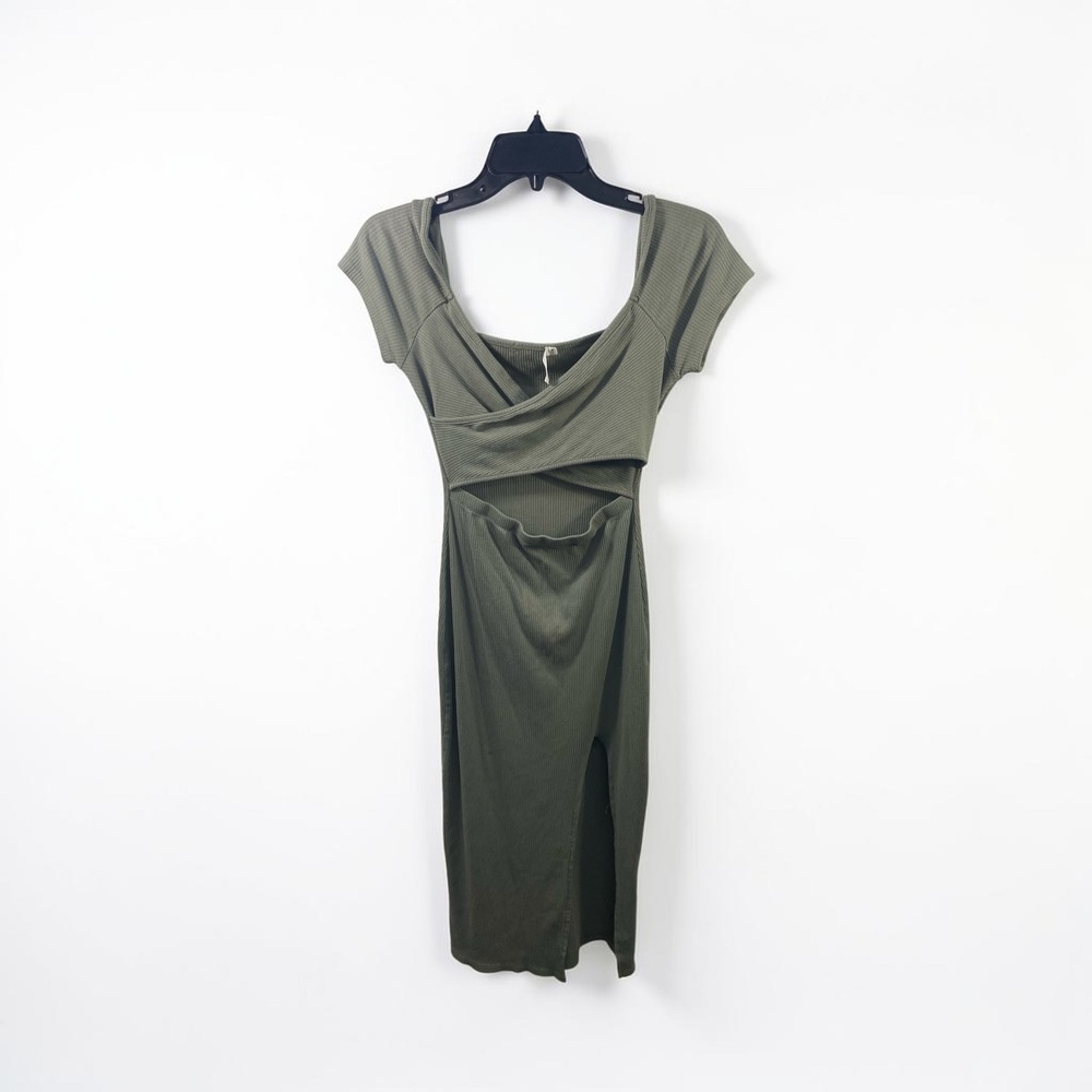 Heart & Hips Olive Green Ribbed Cutout Midi Dress Side Slit Medium